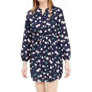 Maison Jules Navy Floral Ruched Tie Waist Shirt Dress
